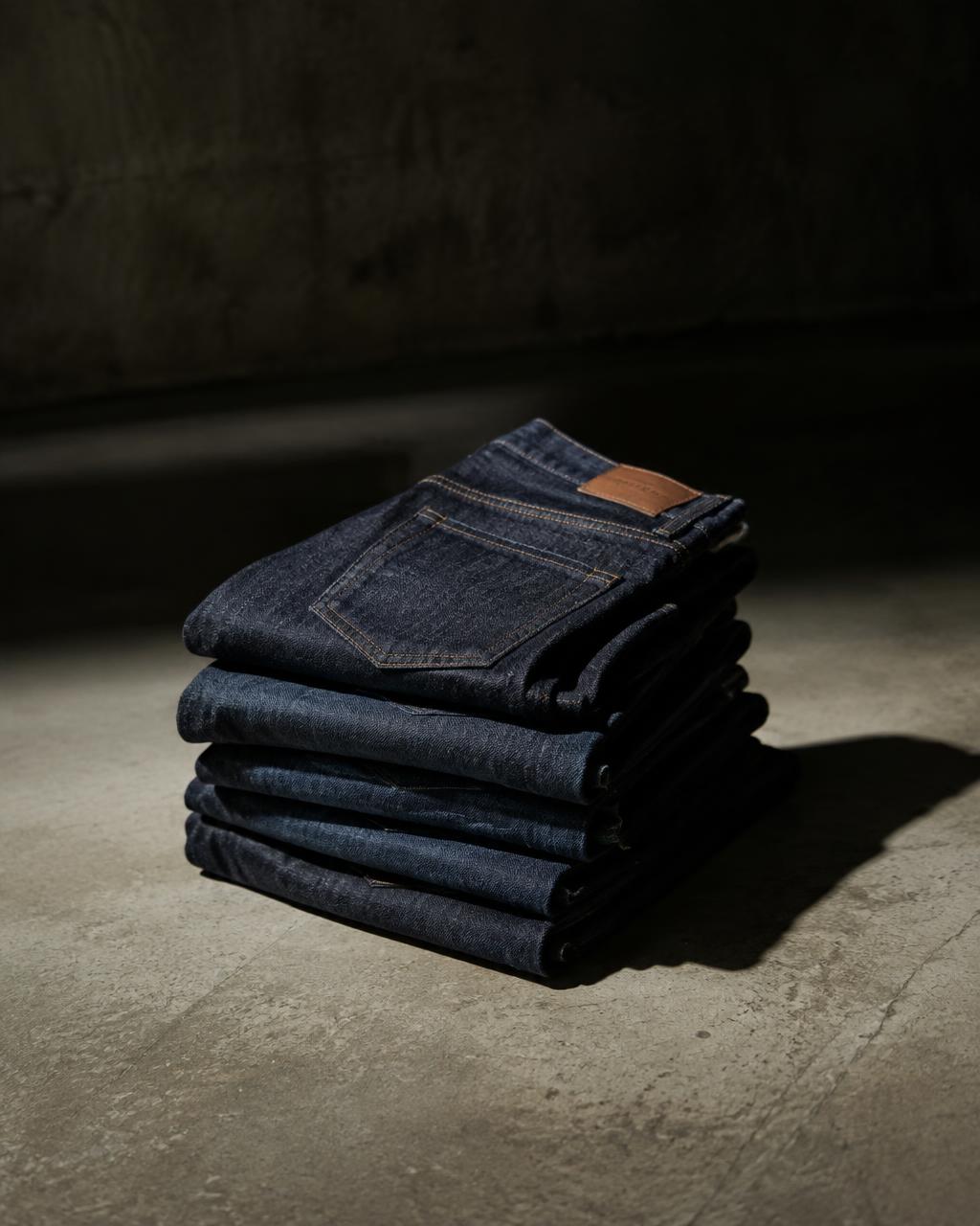 Stack of folded raw denim jeans on a concrete floor