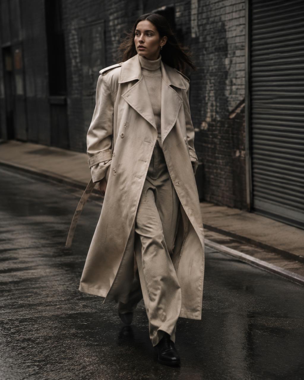 Model walking in a long bone-colored trench coat on a wet city street