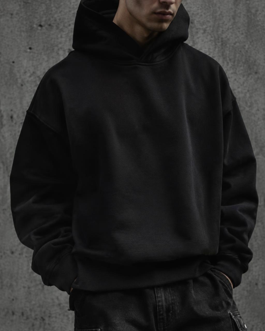 Model wearing a heavyweight boxy black hoodie against a concrete wall