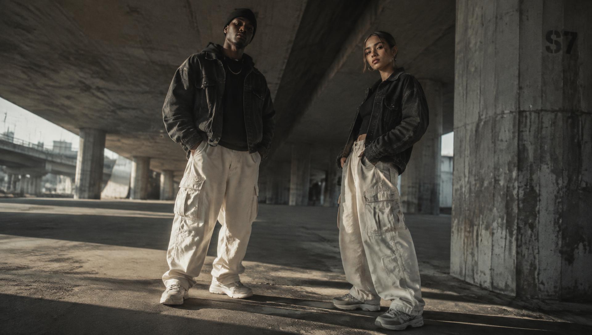 Campaign image of wide-leg cream cargo pants